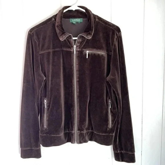 Lauren Ralph Lauren Womens Y2K Velour Velvet Track Jacket Zip‎ Up Brown Large - Picture 1 of 5